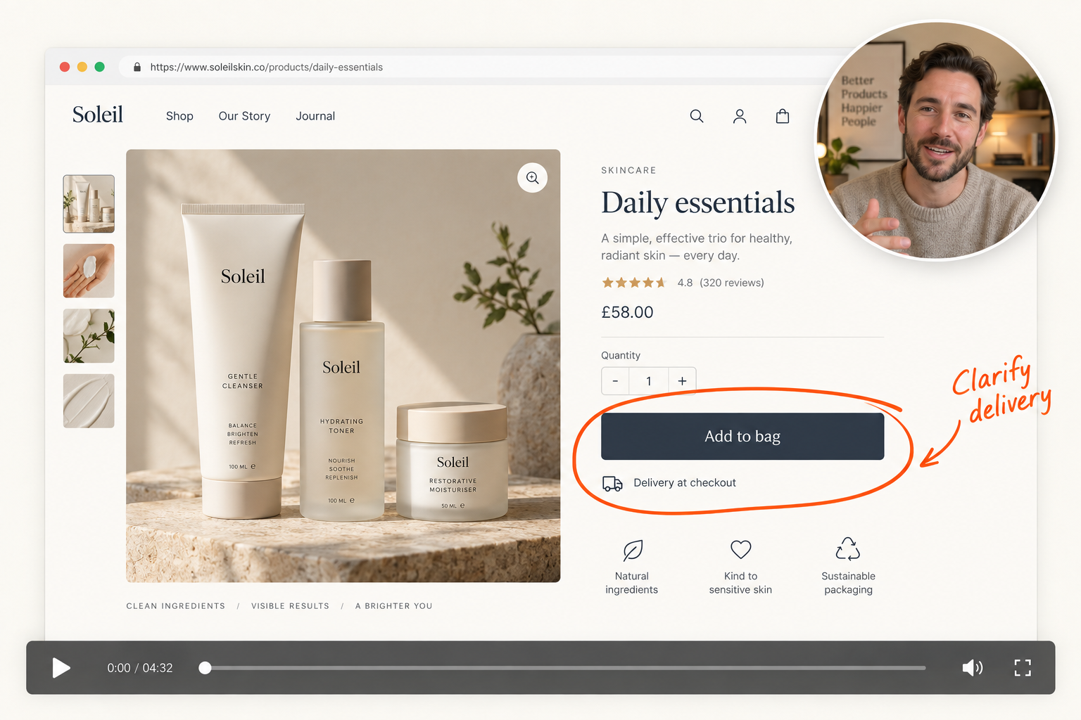Illustrative screen recording of a CRO expert reviewing an ecommerce product page and highlighting buying friction