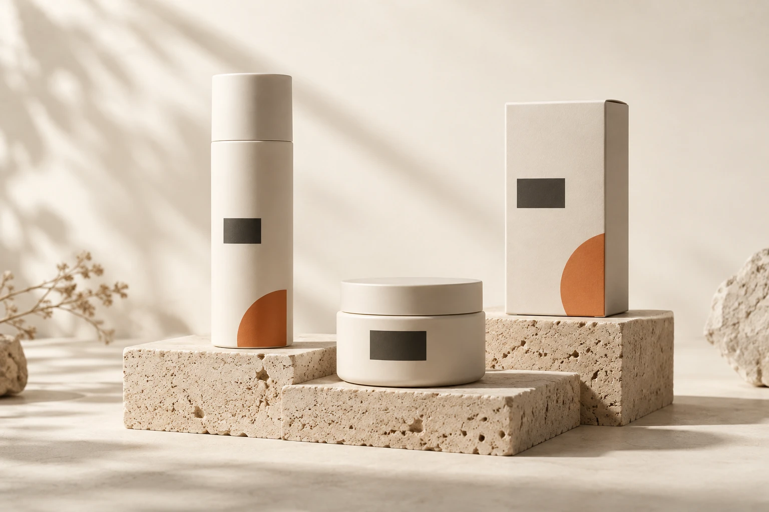 Illustrative unbranded wellness products on a stone display