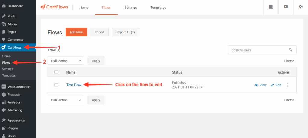cartflows select flow to edit